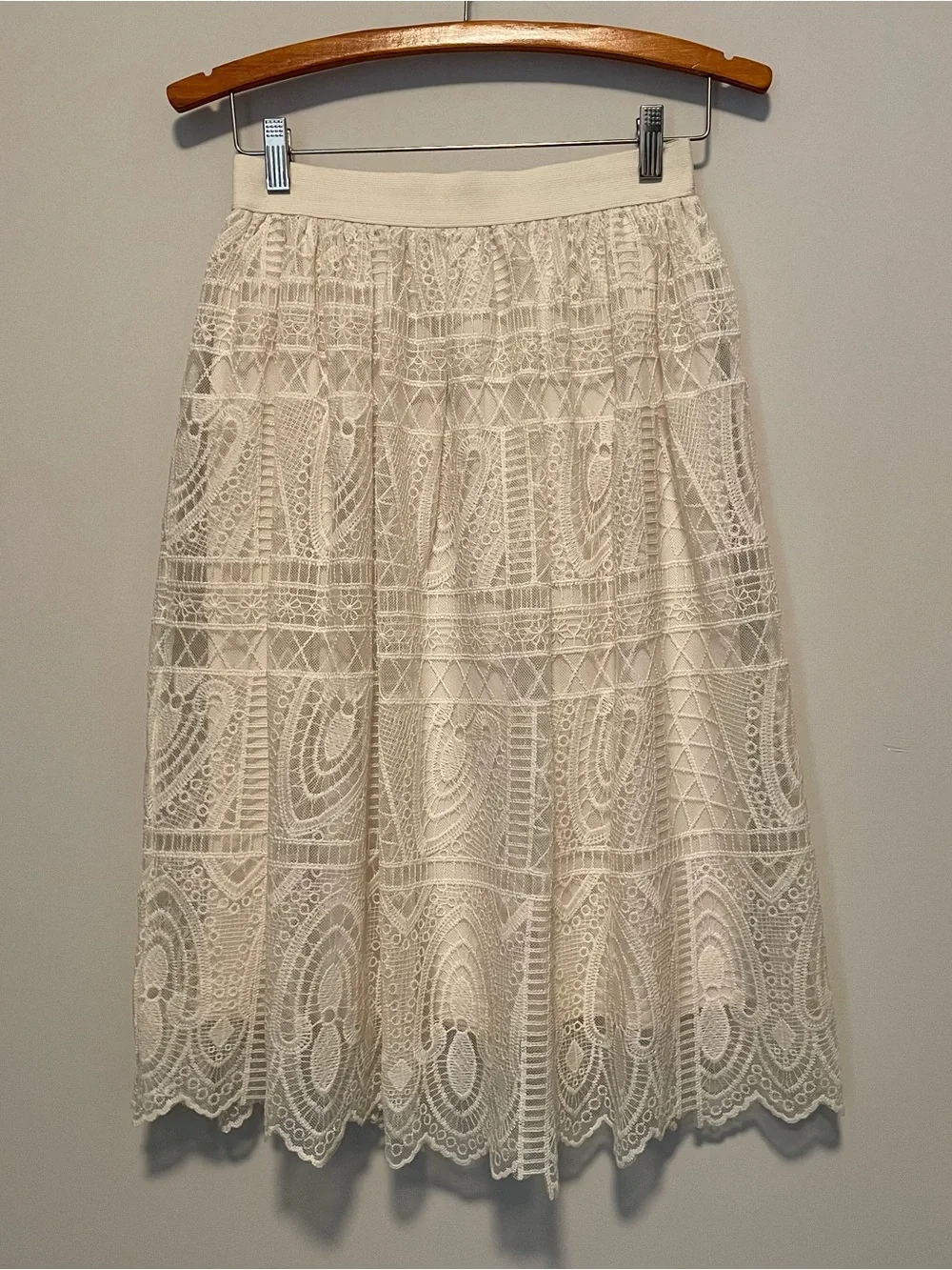 Cream Crochet Lace Midi Skirt S Small Boho Wedding Guest Coastal Granny Scallop - Picture 2 of 4